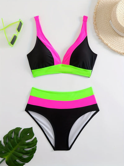 Schickes Damen Bikini-Set – Farbblock-Design mit V-Ausschnitt & Gerafften Details