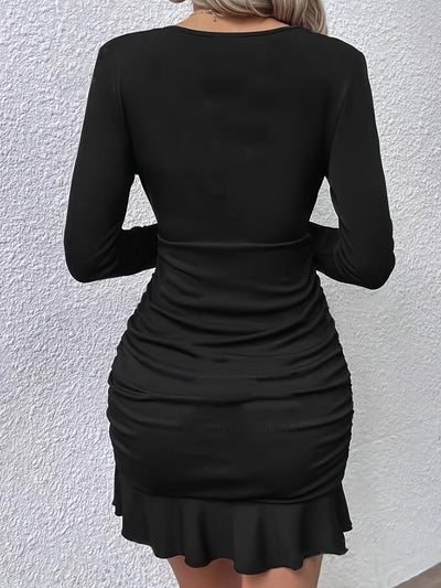 Elegantes Bodycon-Kleid – V-Ausschnitt, Langarm & Geraffter Saum für Frühling & Herbst