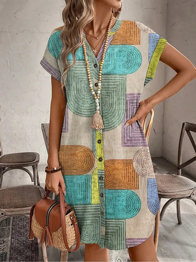 Evelyn | Women's Summer Geometric Print V-Neck Kleid mit Knöpfen