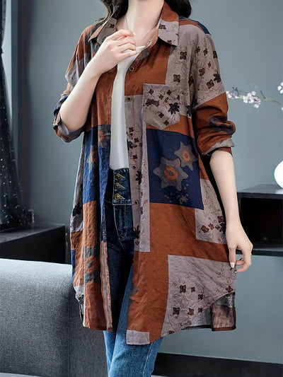 Lässige Leinenbluse in Übergröße, geometrischer Druck, lange Ärmel, Rayon-Mischung