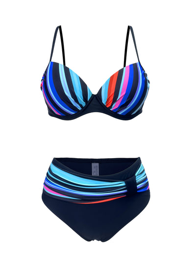 Damen Bikini Set – Gestreiftes High Cut Design, V-Ausschnitt, Stretch & Elegant