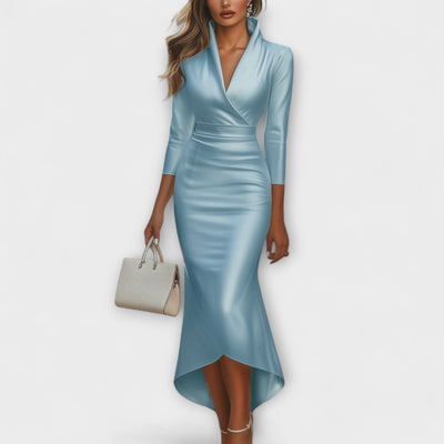 Danira – Asymmetrisches Satin-Wickelkleid mit Stehkragen