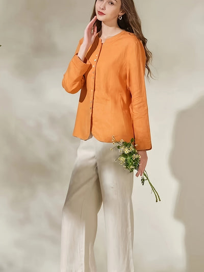 Leinenhemd Langarm Stehkragen, Knopfleiste, Atmungsaktiv, Tangerine-Rot