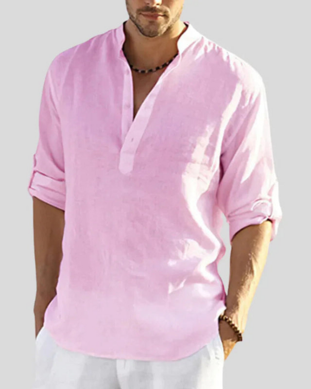 Herren Langarmhemd mit Stehkragen | Lockeres Freizeithemd mit Knöpfen