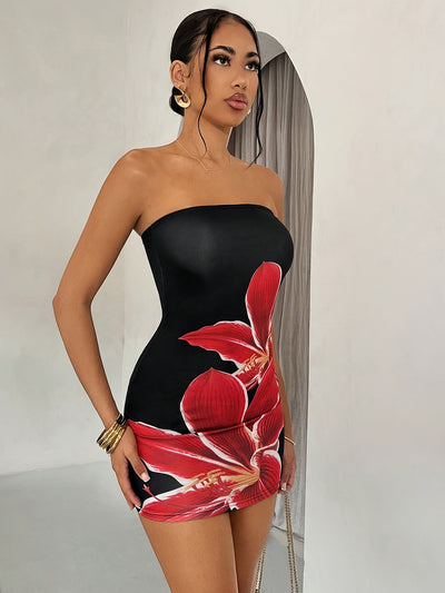 Schulterfreies Blumen Bodycon Kleid – Figurbetont, Elegant & Vielseitig