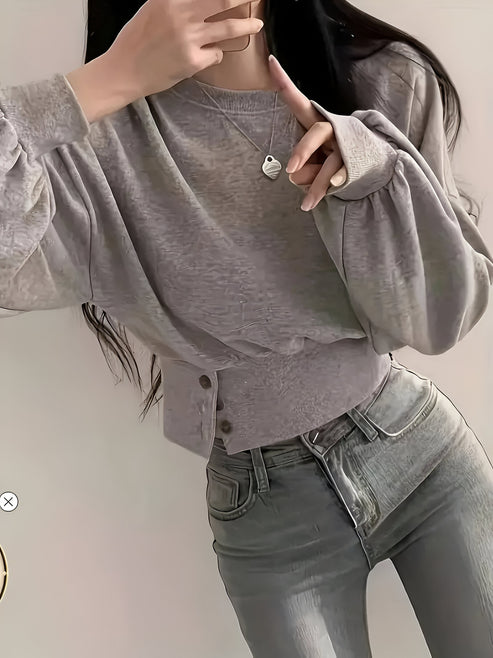 Letia - lässiger luxus elegantes t-shirt in uni mit knopfdetail