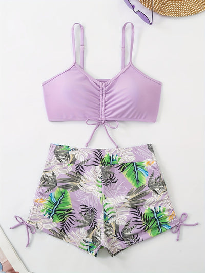 Bikini-Set mit Tropenmuster – V-Ausschnitt, Hohe Taille, Kordelzug & Boxershorts