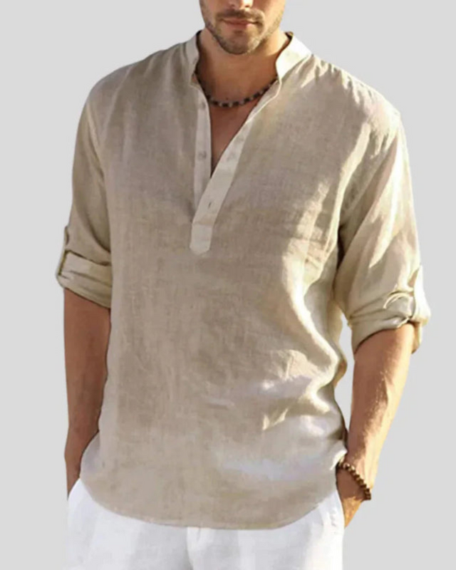 Herren Langarmhemd mit Stehkragen | Lockeres Freizeithemd mit Knöpfen