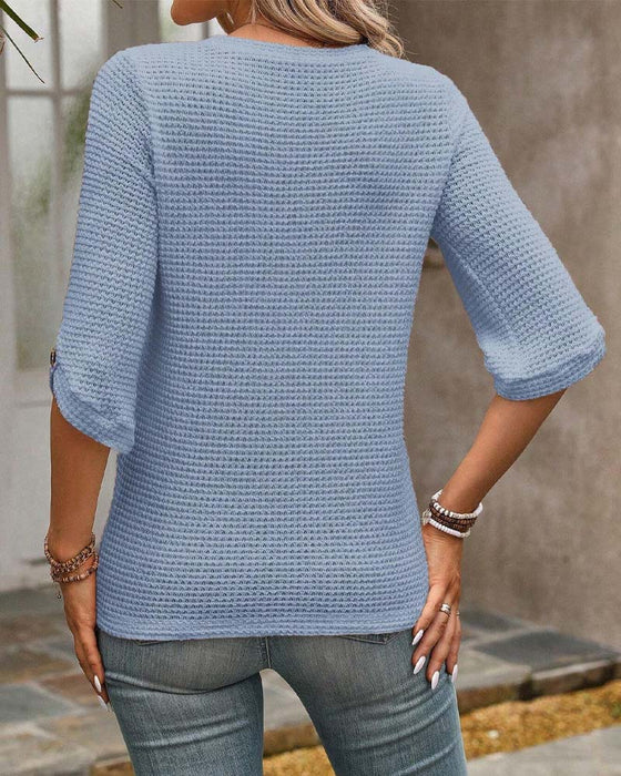 Einfarbiges Top mit Waffelmuster und Rundhalsausschnitt