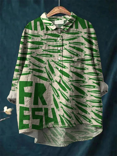 Sophia - Vintage Fisch Sardinen Kunstdruck Baumwolle Leinen Hemd