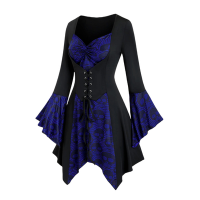 Damen Gothic Halloween-Kleid mit Spitze | Midi-Länge und Trompetenärmeln