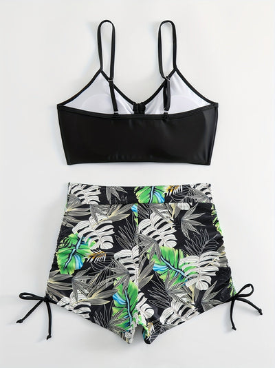 Bikini-Set mit Tropenmuster – V-Ausschnitt, Hohe Taille, Kordelzug & Boxershorts