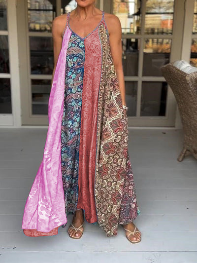 Catherine™ - Lässiges V-Ausschnitt Farbblock Druck Trägerkleid