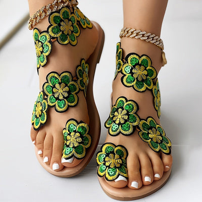 Damen Blumen Flatsandalen, Slip-On mit Perlen & Zehenriemen