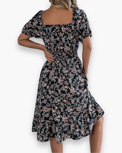 Damen Romantisches Shirred Midi Kleid | Blumenmuster