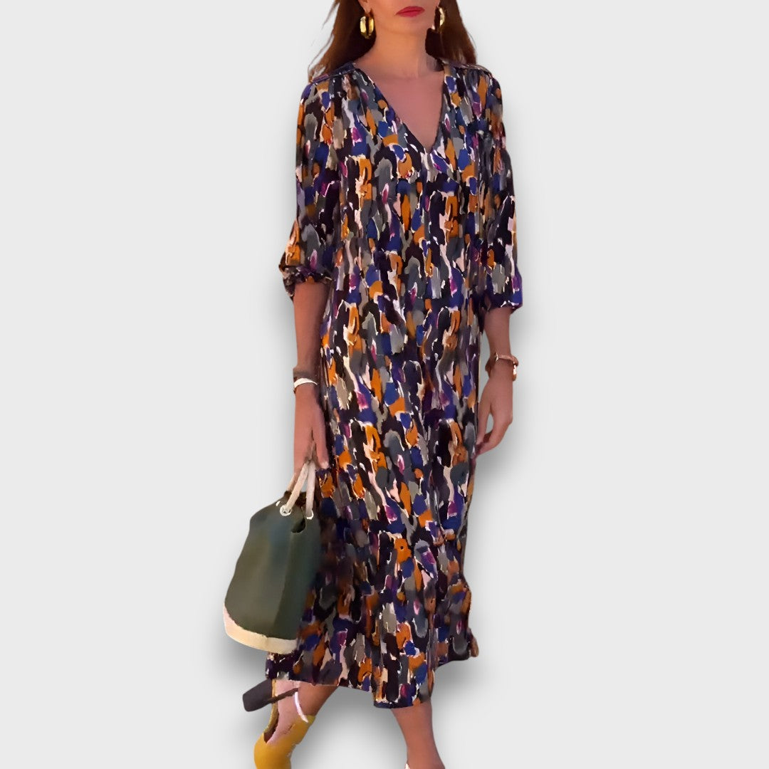 Liora – Kleid mit Retro-Muster und V-Ausschnitt