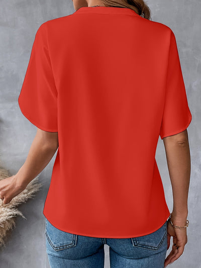 Leichte Notch-Neck Bluse mit Split-Ärmeln, Casual Shirt für Frühling & Sommer