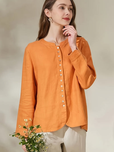Leinenhemd Langarm Stehkragen, Knopfleiste, Atmungsaktiv, Tangerine-Rot