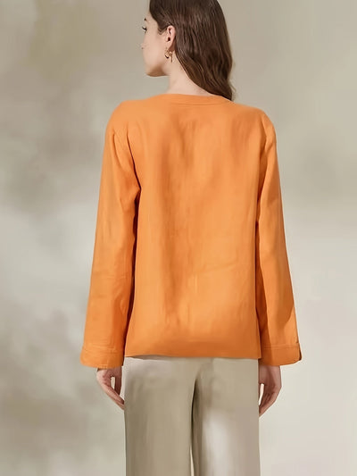 Leinenhemd Langarm Stehkragen, Knopfleiste, Atmungsaktiv, Tangerine-Rot