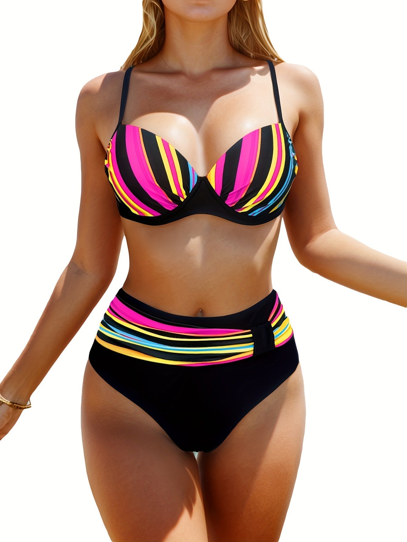 Damen Bikini Set – Gestreiftes High Cut Design, V-Ausschnitt, Stretch & Elegant