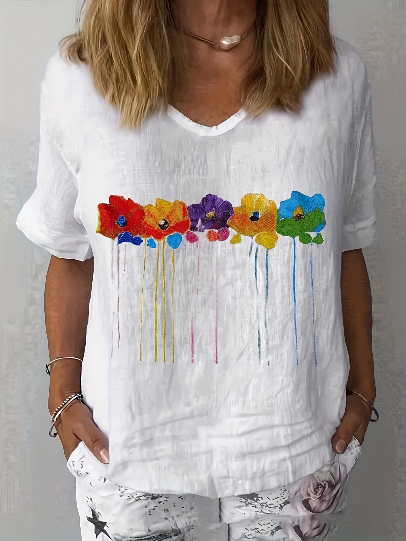 Leinen mit Blumenmuster  V-Ausschnitt & Kurzarm Casual Top in Weiß