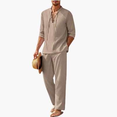 Boho Two-Piece Set for Men - Summer Lace-Up Shirt & Pants