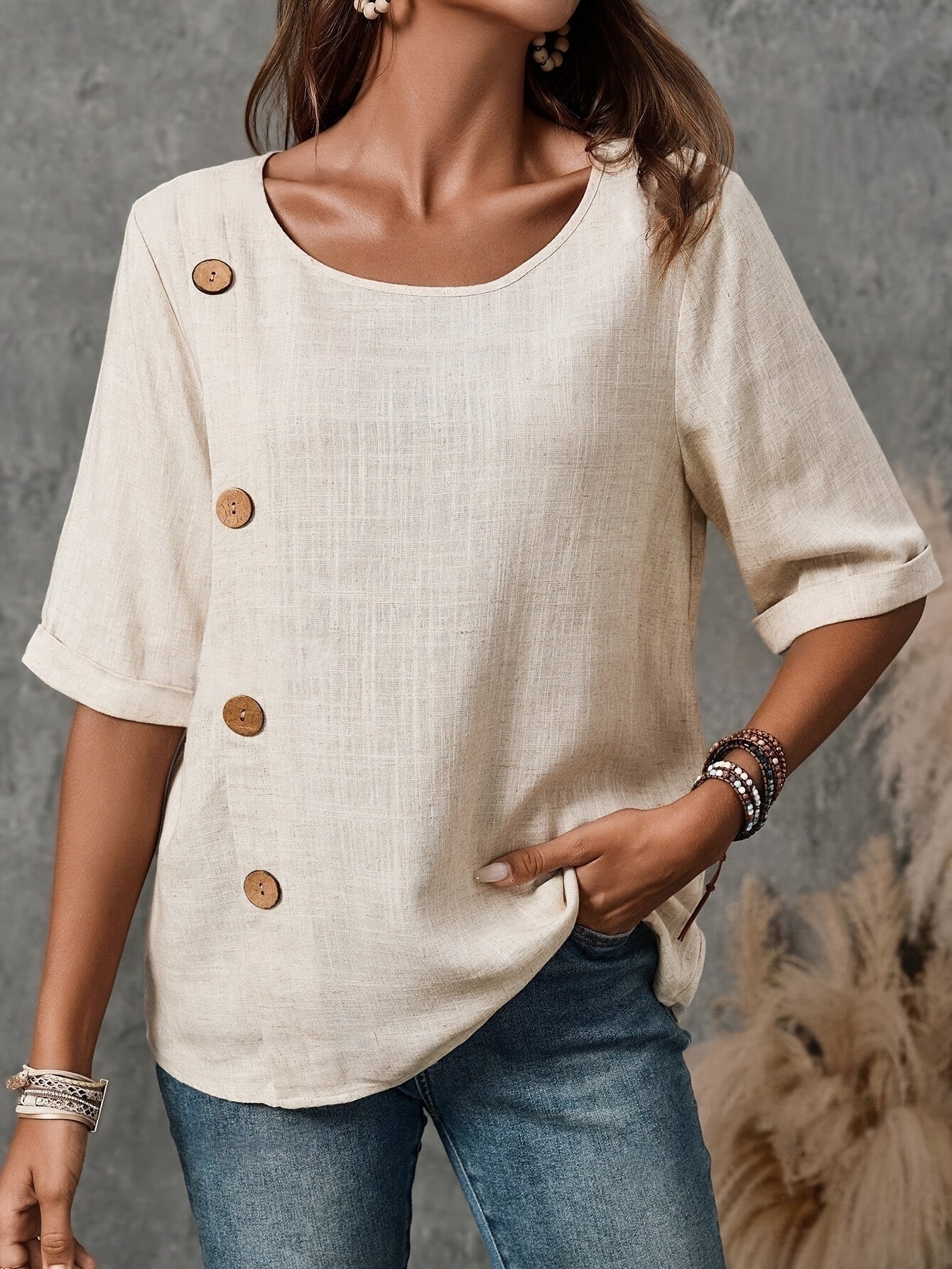 Lässige Damen Bluse – Leinenoptik, Knöpfe, Halbarmlang, Luftig