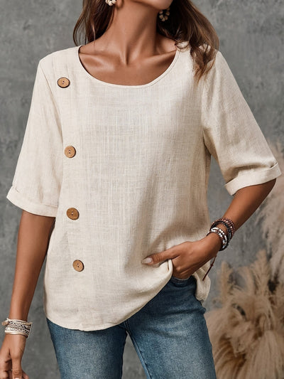 Lässige Damen Bluse – Leinenoptik, Knöpfe, Halbarmlang, Luftig