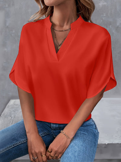 Leichte Notch-Neck Bluse mit Split-Ärmeln, Casual Shirt für Frühling & Sommer