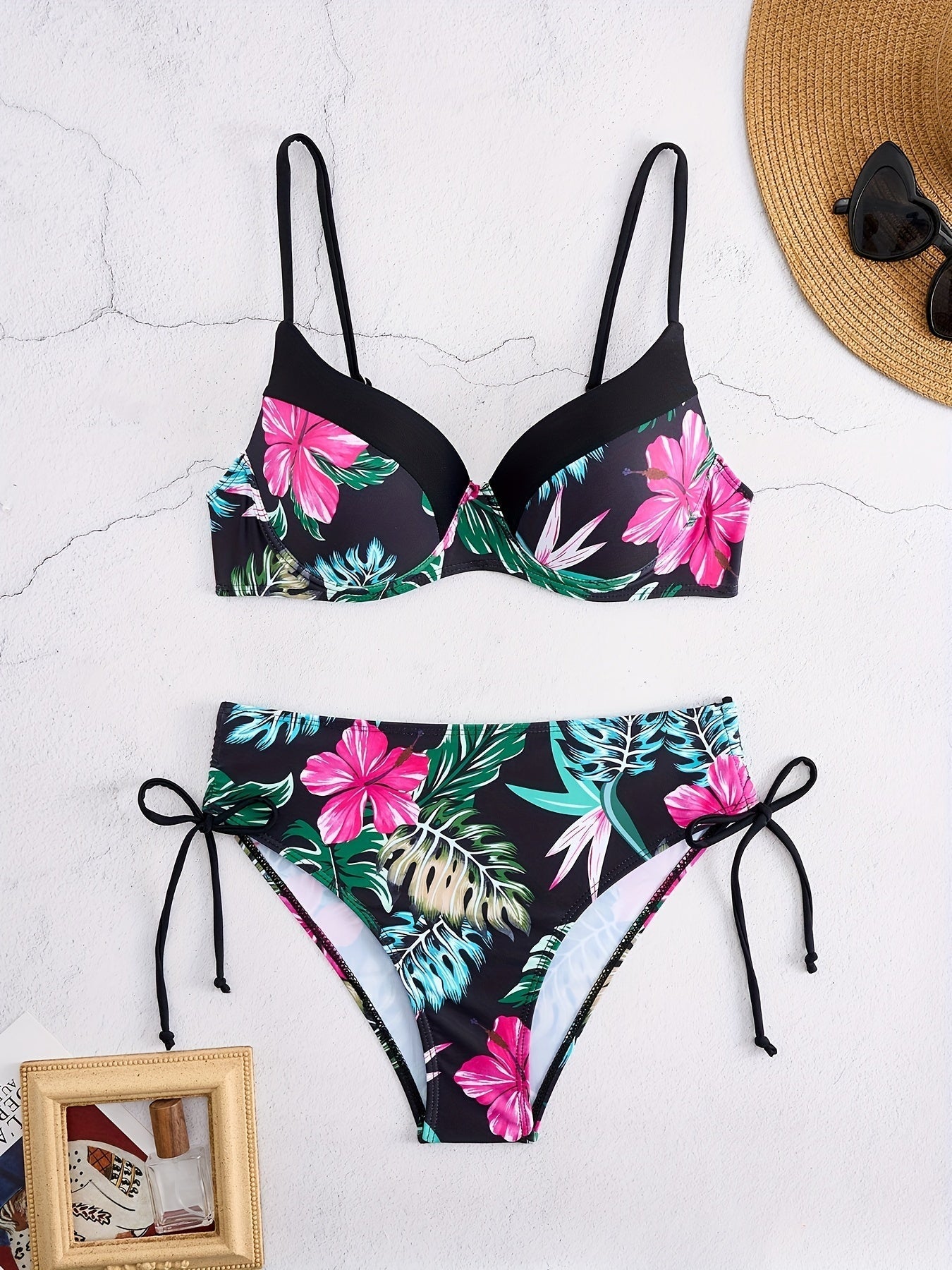 Damen Bikini-Set – Tropisches Blumenmuster, High Stretch, Elegant