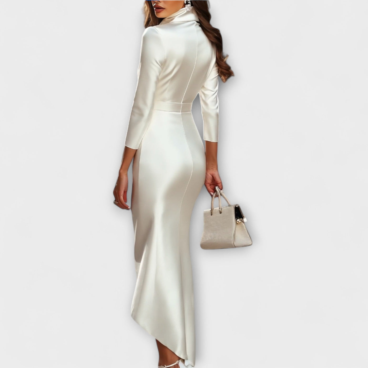 Danira – Asymmetrisches Satin-Wickelkleid mit Stehkragen