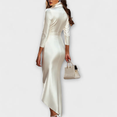Danira – Asymmetrisches Satin-Wickelkleid mit Stehkragen