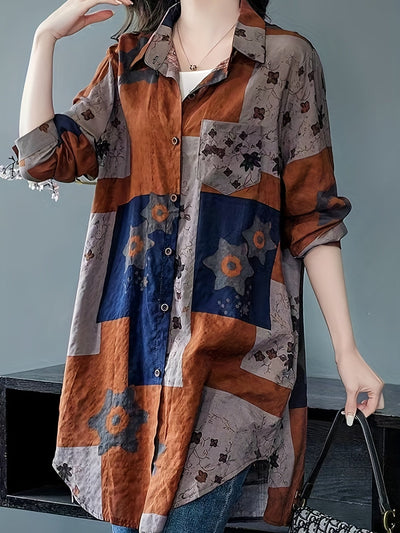 Lässige Leinenbluse in Übergröße, geometrischer Druck, lange Ärmel, Rayon-Mischung