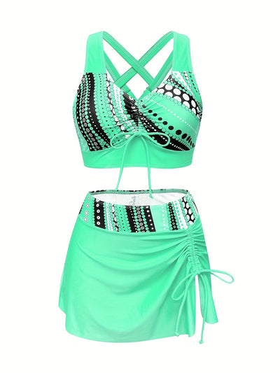 3-teiliges Bikini-Set – Verstellbares Bindetop mit Rock, Strandmode für Damen