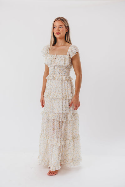 Astrid Maxikleid mit Rüschendetail in gelbem Blumenmuster – stoßfreundlich (geringer Lagerbestand)