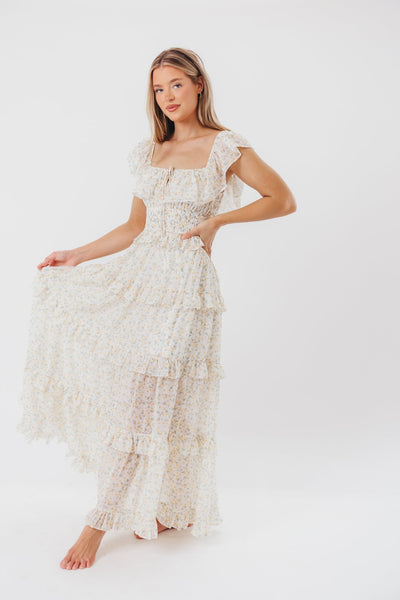 Astrid Maxikleid mit Rüschendetail in gelbem Blumenmuster – stoßfreundlich (geringer Lagerbestand)