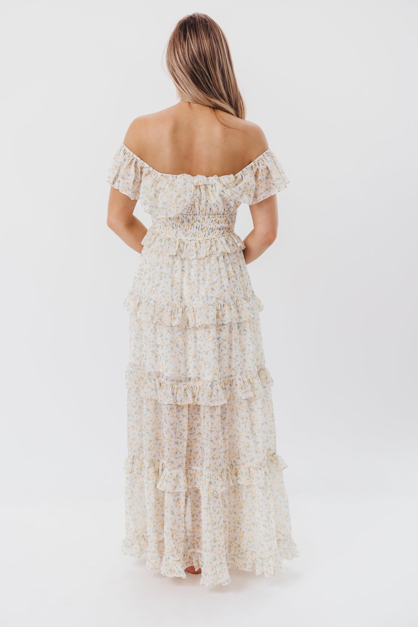 Astrid Maxikleid mit Rüschendetail in gelbem Blumenmuster – stoßfreundlich (geringer Lagerbestand)