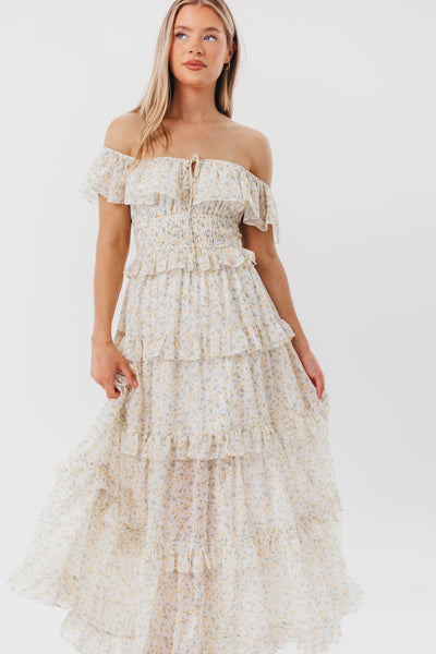 Astrid Maxikleid mit Rüschendetail in gelbem Blumenmuster – stoßfreundlich (geringer Lagerbestand)