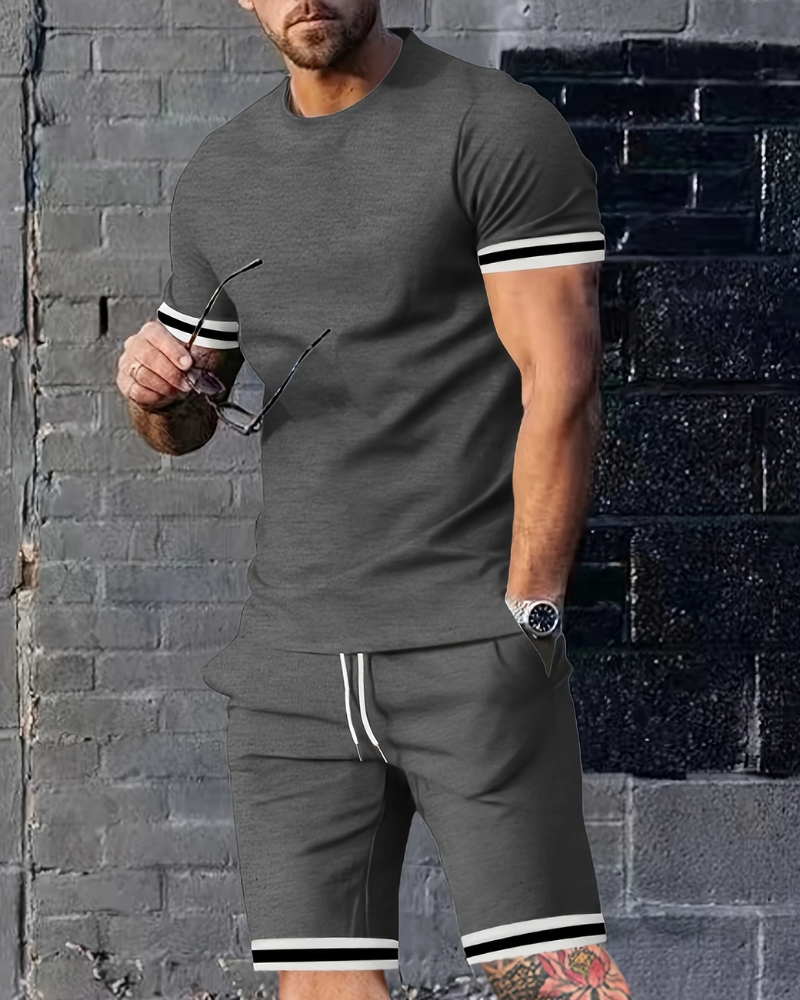 Herren Sport Set mit T-Shirt & Shorts | Zweiteiler mit Streifen für Sommer & Training