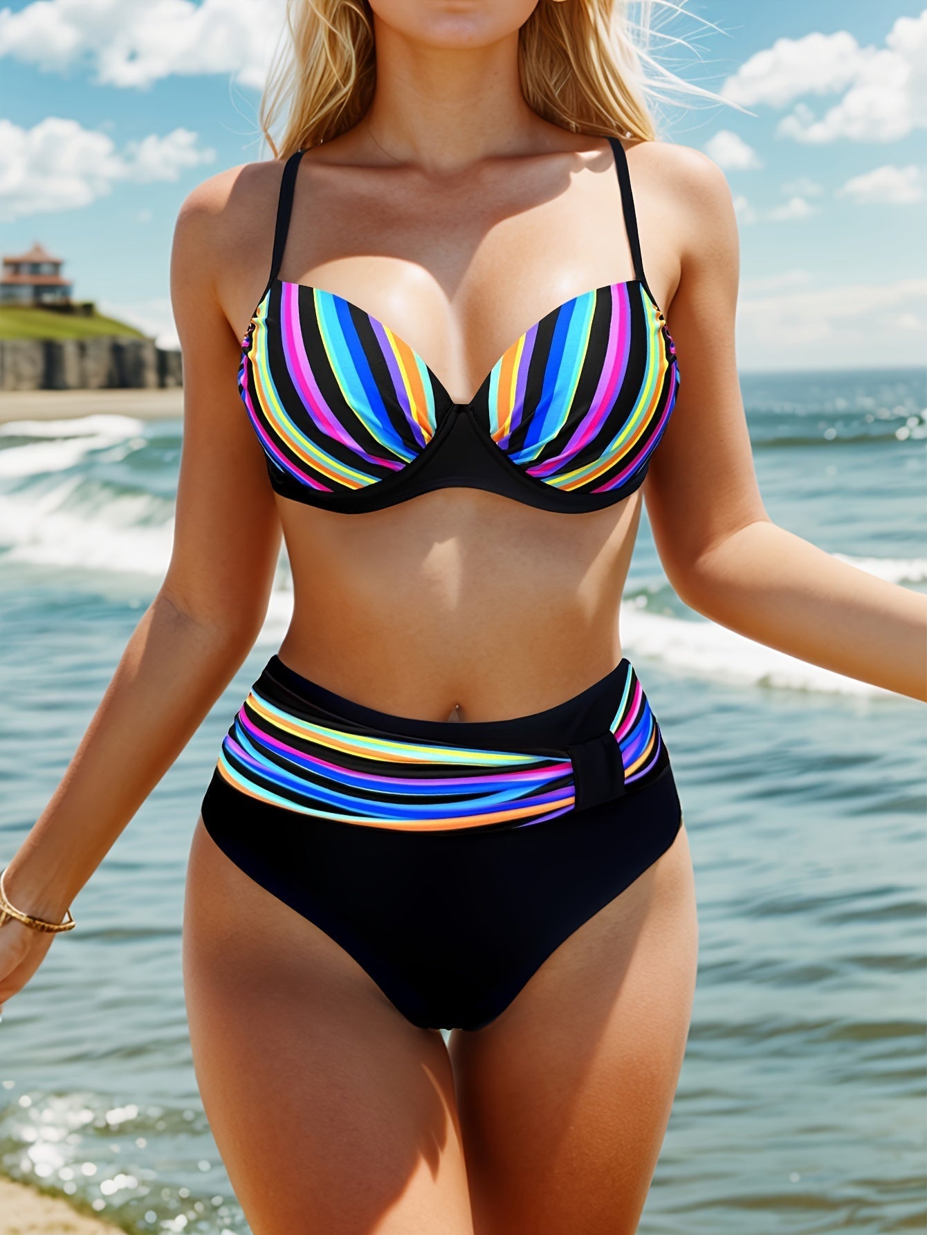 Damen Bikini Set – Gestreiftes High Cut Design, V-Ausschnitt, Stretch & Elegant