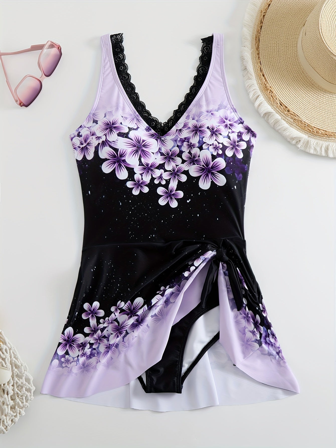 Lila Damen Badeanzug Einteiler: Elegant, Herausnehmbare Pads, Spitzen-Details
