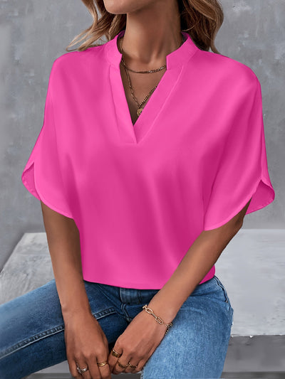 Leichte Notch-Neck Bluse mit Split-Ärmeln, Casual Shirt für Frühling & Sommer