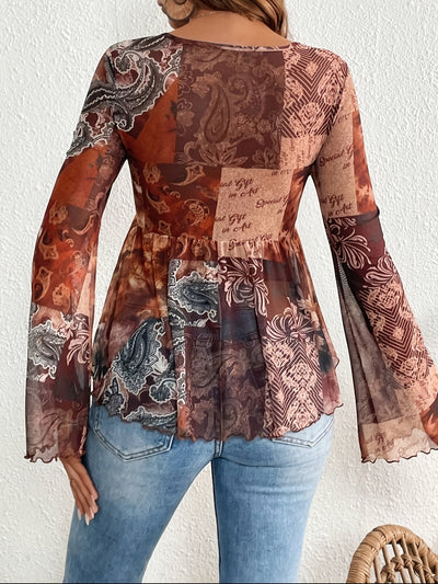 Elegantes Paisley-Kleid – V-Ausschnitt, Langarm & Leichtes Mesh
