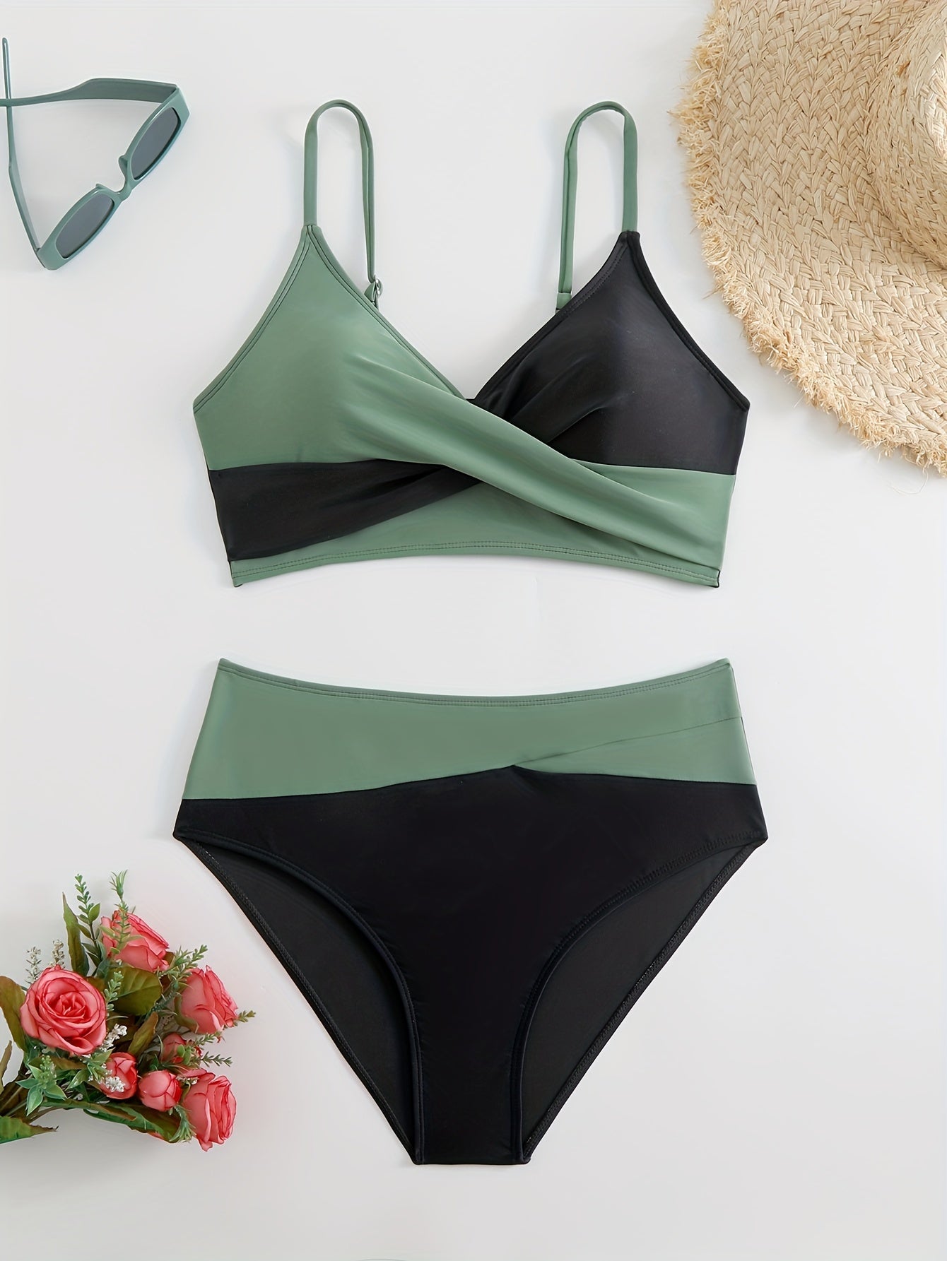 Damen Bikini-Set – Farbblock, V-Ausschnitt, Wickel-Design, Sommer