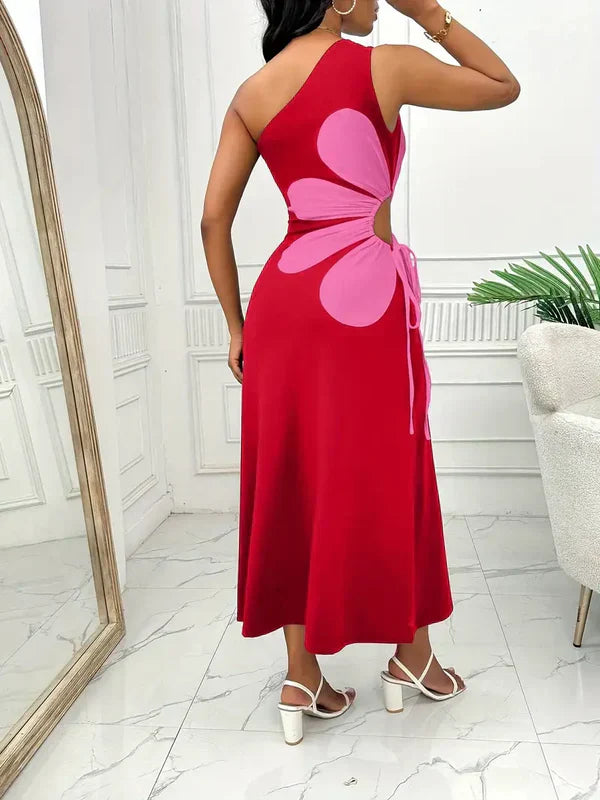 Maggie - modisches rotes damenkleid mit einer schulter und rosa blumendruck, ärmellos