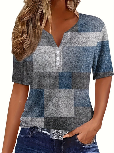 Lässiges T-Shirt mit Knopfleiste – Print, Kurzarm für Frühling/Sommer