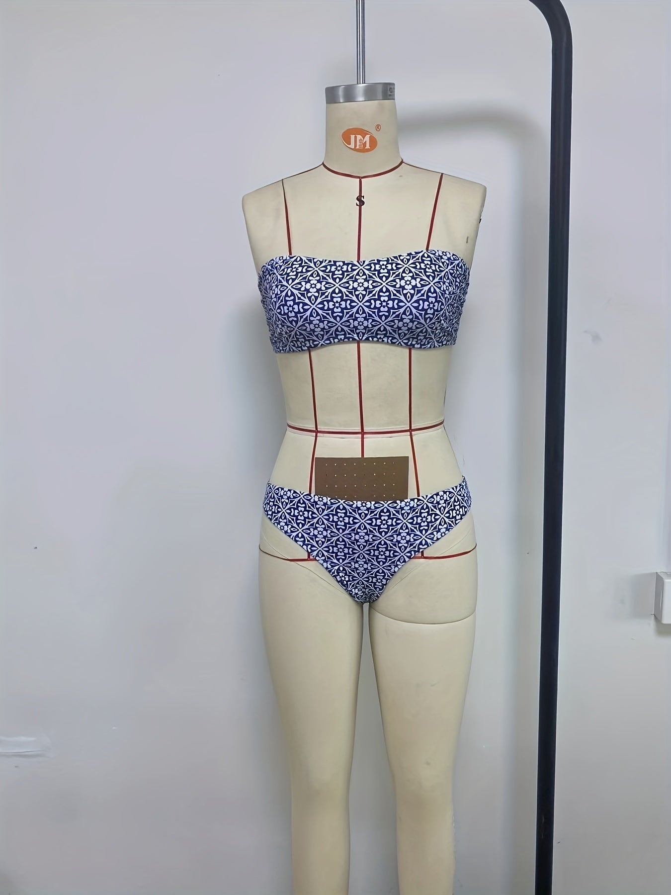Blaues Bandeau-Bikini-Set – Exotischer Blumendruck, High-Waist