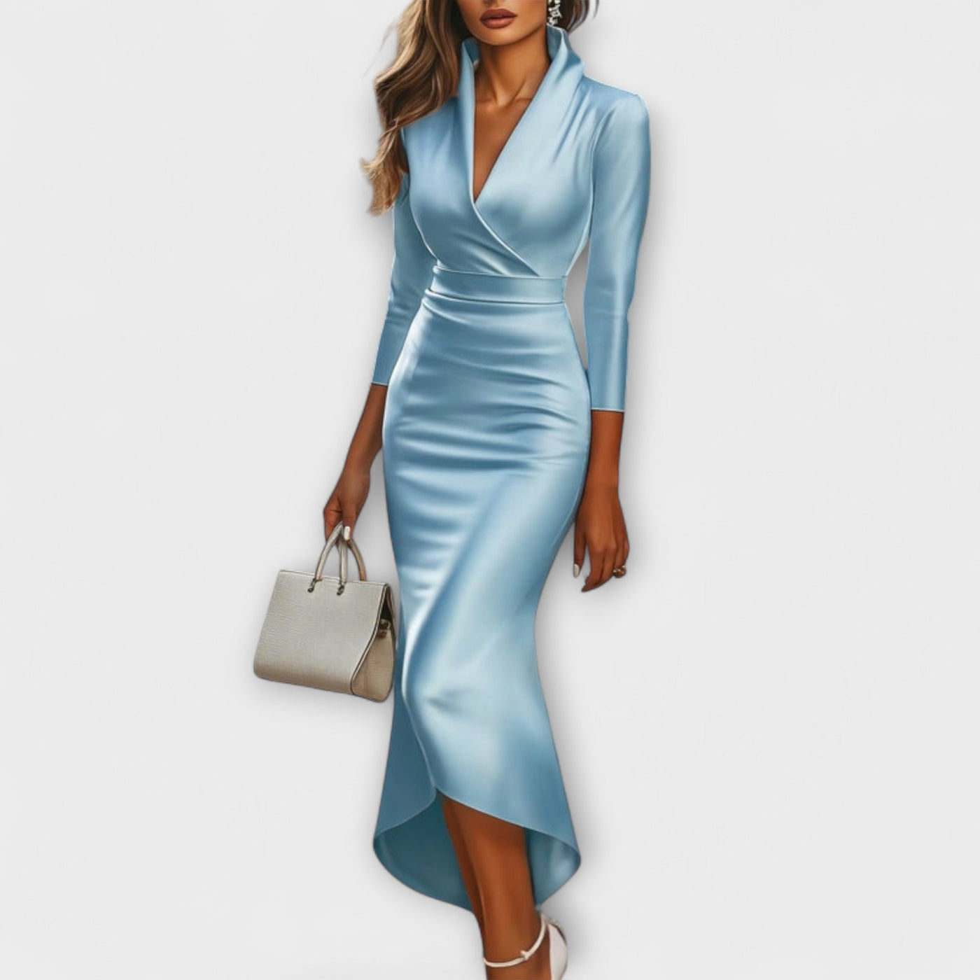 Danira – Asymmetrisches Satin-Wickelkleid mit Stehkragen