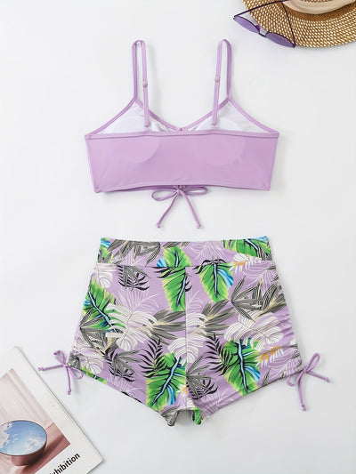Bikini-Set mit Tropenmuster – V-Ausschnitt, Hohe Taille, Kordelzug & Boxershorts