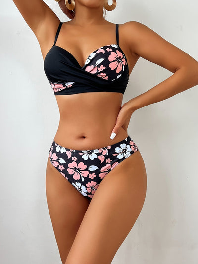 Damen Bikini Set – Blumenmuster, High Cut, V-Ausschnitt, 2-teilig
